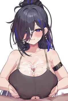 1boy 1girl absurdres after_paizuri arm_belt ayase_yuu ayase_yuu_(2nd_costume) black_hair black_sports_bra blue_eyes blue_hair blush breasts breasts_squeezed_together censored cleavage clothing_cutout commission commissioner_upload cum cum_on_body cum_on_breasts cum_on_hair cum_on_upper_body ear_piercing earrings highres huge_breasts jewelry long_hair mosaic_censoring motion_lines multicolored_hair paizuri paizuri_under_clothes penis phase_connect piercing ponytail pov single_earring skeb_commission smile sports_bra sweat tassel tassel_earrings totorosu underboob_cutout virtual_youtuber white_background