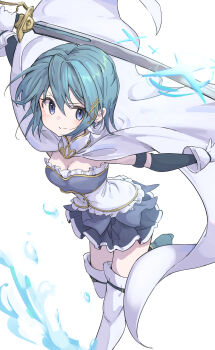 1girl absurdres arm_up blue_dress blue_eyes blue_hair blue_shoes blush breasts cape cleavage closed_mouth commentary double-parted_bangs dress foot_out_of_frame fortissimo gloves hair_between_eyes hair_ornament highres holding holding_sword holding_weapon magical_girl mahou_shoujo_madoka_magica mahou_shoujo_madoka_magica_(anime) miki_sayaka miki_sayaka_(magical_girl) musical_note musical_note_hair_ornament nazmocha shoes short_dress short_hair simple_background smile solo standing standing_on_one_leg strapless strapless_dress sword thighhighs v-shaped_eyebrows weapon white_background white_cape white_gloves white_thighhighs