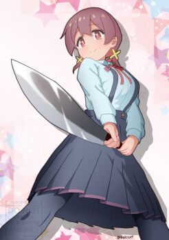 1girl absurdres artist_name black_pantyhose black_skirt brown_eyes brown_hair commentary dot_nose highres holding holding_knife knife light_blush long_sleeves looking_at_viewer low_twintails medium_hair melciort murosaki_miyo neck_ribbon onii-chan_wa_oshimai! oversized_object pantyhose pleated_skirt red_ribbon ribbon school_uniform shirt simple_background skirt smile solo star_(symbol) sunrise_stance suspender_skirt suspenders twintails twitter_username watermark weapon white_shirt