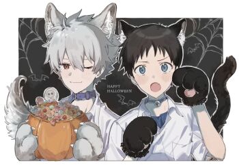 Rule 34 | 2boys, animal ear fluff, animal ears, animal hands, bell, black ears, black hair, black tail, blue eyes, blue shirt, border, candy, cat boy, cat ears, cat paw, collared shirt, commentary request, fang, food, gloves, grey hair, hair between eyes, halloween bucket, happy birthday, highres, ikari shinji, looking at viewer, m3gris3, male focus, multiple boys, nagisa kaworu, neck bell, neon genesis evangelion, one eye closed, paw gloves, paw pose, red eyes, school uniform, shirt, short hair, tail, tokyo-3 middle school uniform, upper body, very short hair, white border, white shirt, wolf boy, wolf ears, wolf paws, wolf tail
