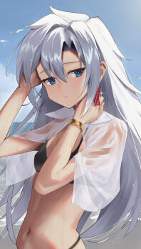 1girl a_(xenoblade) bikini bird black_bikini blue_eyes blue_sky blurry blurry_background breasts commentary_request earrings glint grey_hair hair_between_eyes highres jewelry navel seagull shiroshiroghost single_earring sky small_breasts solo standing swimsuit upper_body xenoblade_chronicles_(series) xenoblade_chronicles_3 xenoblade_chronicles_3:_future_redeemed