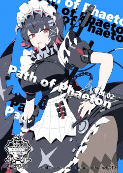 1girl apron black_dress black_hair blue_background breasts brown_pantyhose chain colored_inner_hair commentary_request cowboy_shot dress ellen_joe fingernails fins fish_tail hair_ornament hairband hand_on_own_hip highres large_breasts looking_at_viewer maid maid_headdress matsumoto_tomoyohi metal_hairband mole mole_under_eye multicolored_hair nail_polish open_mouth pantyhose puffy_short_sleeves puffy_sleeves razor_blade_hair_ornament red_eyes red_nails shark_girl shark_tail sharp_teeth short_hair short_sleeves solo spiked_hairband spikes tail teeth waist_apron weapon weapon_on_back white_apron x_hair_ornament zenless_zone_zero