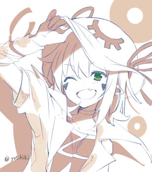 1girl ;d artist_name choker coat commentary_request facial_mark fang green_eyes hand_up hat looking_at_viewer merry_nightmare one_eye_closed open_mouth pointy_ears short_hair smile solo triangle triangle_facial_mark twitter_username upper_body ushiki_yoshitaka white_coat white_hat yumekui_merry