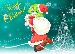 Rule 34 | 1girl, belt, blush, boots, capelet, christmas, christmas tree, cross-laced footwear, dress, fur-trimmed capelet, fur-trimmed dress, fur trim, green hair, hat, highres, holding, holding sack, kimi ga shine, knee boots, lace-up boots, looking back, merry christmas, mittens, musical note, open mouth, pantyhose, sack, santa hat, short hair, smile, snowflakes, solo, yume ha imamo