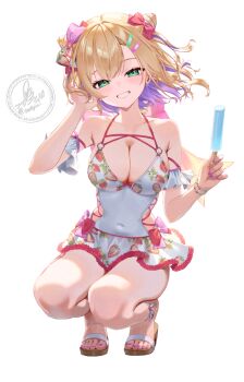 1girl bare_shoulders blonde_hair blush breasts cleavage collarbone colored_inner_hair fingernails food food_print fruit_print green_eyes highres holding holding_food holding_popsicle kurumi_noah large_breasts looking_at_viewer medium_hair multicolored_hair nail_polish one-piece_swimsuit pink_nails popsicle purple_hair simple_background smallpine_7 smile solo strawberry_print swimsuit thighs two-tone_hair virtual_youtuber vspo! white_background white_one-piece_swimsuit