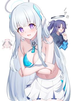 3girls alternate_costume black_shirt blue_archive blue_jacket blush breasts cleavage collarbone cowboy_shot detached_collar grey_hair halo highres jacket koharu_(blue_archive) large_breasts long_hair long_sleeves looking_at_viewer mechanical_halo millennium_cheerleader_outfit_(blue_archive) multiple_girls navel noa_(blue_archive) official_alternate_costume open_mouth pink_hair pleated_skirt purple_eyes purple_hair shirt simple_background skirt smile t@ke-g track_jacket white_background white_skirt yuuka_(blue_archive) yuuka_(track)_(blue_archive)