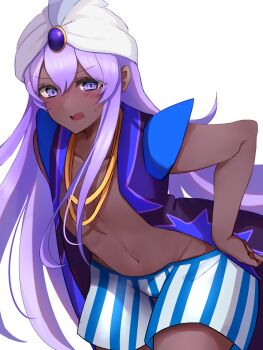 Rule 34 | 1boy, arabian clothes, bent over, bishounen, blush, boxers, chain, cookie run, cookie run: ovenbreak, dark-skinned male, dark skin, eyelashes, gold chain, hair between eyes, hand on own hip, highres, humanization, jewelry, long hair, looking at viewer, male focus, male underwear, mx pyuta1, navel, necklace, open mouth, purple eyes, purple hair, solo, standing, striped clothes, tearing up, trap, turban, twitter username, underwear, very long hair, white background, yogurt cream cookie