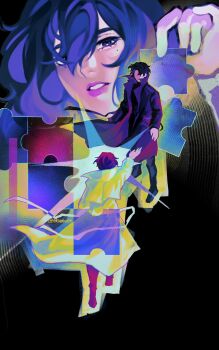 1girl 2boys aegyo_sal black_coat black_eyes black_hair black_shirt bob_cut coat curtained_hair evie_(baoxiao) faceless facing_another full_body han_sooyoung highres holding_puzzle_piece jigsaw_puzzle kim_dokja mole mole_under_eye multiple_boys omniscient_reader&#039;s_viewpoint open_clothes open_coat outstretched_arm parted_lips popped_collar puzzle puzzle_piece reaching reaching_towards_another saturated shirt short_hair standing white_coat yoo_joonghyuk