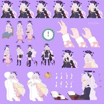 1boy 1girl afterimage ahoge armband bed bento black_boots black_coat black_gloves black_skirt black_socks blue_archive boots brushing_teeth coat coat_on_shoulders coffee commentary_request crying crying_with_eyes_open demon_girl demon_horns demon_wings fur-trimmed_coat fur_trim gloves hair_between_eyes halo hand_on_own_cheek hand_on_own_face highres hina_(blue_archive) hina_(pajamas)_(blue_archive) horns hug korean_commentary kyu-kurarin_(cevio) long_hair low_wings lyrics messy_hair multiple_expressions multiple_horns multiple_views music official_alternate_costume on_bed pajamas pencil_skirt purple_background purple_eyes red_armband sensei_(blue_archive) shoulder_belt side_slit singing skirt slippers socks tears tjsh99 useless_machine white_coat white_hair white_slippers wings