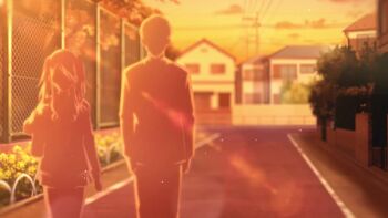 animated bag black_eyes blonde_hair brown_hair building buttons cable dark-skinned_female dark_skin flower game_cg idolmaster idolmaster_shiny_colors izumi_mei multicolored_hair official_art open_mouth school_bag skirt sunset tagme video