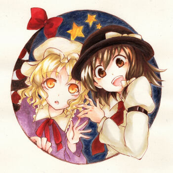 Rule 34 | 2girls, black hat, blush, bow, bowtie, brown eyes, brown hair, collared dress, collared shirt, dress, frilled shirt collar, frills, gap (touhou), hair between eyes, hair bow, hat, hat bow, long sleeves, looking at viewer, maribel hearn, marker (medium), mob cap, multiple girls, necktie, open mouth, orange eyes, purple dress, red bow, red bowtie, red necktie, round image, sanwa no jako (daikichi club), shirt, short hair, simple background, sleeve cuffs, sleeve garter, teeth, touhou, traditional media, upper teeth only, usami renko, waving, white background, white bow, white hat, white shirt