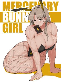 Rule 34 | 1girl, absurdres, ace (playing card), ace of diamonds, black eyes, breasts, brown hair, card, commentary request, diamond (shape), earrings, highres, jewelry, korean commentary, large breasts, long hair, looking at viewer, miran (oddsnail), muscular, muscular female, oddsnail, original, playboy bunny, playing card, scar, scar across eye, scar on face, sitting, solo