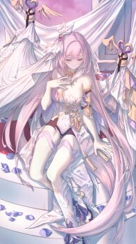 Rule 34 | 1girl, absurdly long hair, absurdres, bare shoulders, bell, black shorts, boots, breasts, bridal veil, cleavage, closed eyes, detached sleeves, elysia (herrscher of human: ego) (honkai impact), elysia (honkai impact), facing down, full body, hair between eyes, hair intakes, hand on own chest, highres, honkai (series), honkai impact 3rd, knee boots, large breasts, leotard, light blush, long hair, multicolored hair, nail polish, neon (pixiv 31150749), pink hair, purple nails, purple petals, short shorts, shorts, sitting, sitting on stairs, smile, solo, stairs, streaked hair, veil, very long hair, white boots, white leotard, white sleeves, white veil