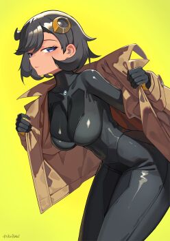 1girl :3 alternate_breast_size_(larger) black_bodysuit black_hair blush bodysuit bodysuit_under_clothes breasts brown_jacket closed_mouth curvy dark-skinned_female dark_skin emma_(pokemon) hair_ornament highres jacket leaning_forward looking_at_viewer medium_breasts natori_youkai nintendo pokemon pokemon_legends:_z-a purple_eyes shiny_clothes short_hair simple_background skin_tight smile solo standing wide_hips yellow_background