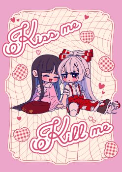 2girls absurdres blush bow bowtie brown_hair brown_shoes chibi chibi_only closed_eyes collared_shirt commentary_request english_text frilled_shirt_collar frills fujiwara_no_mokou grey_hair hair_bow hand_on_another&#039;s_hand heart highres houraisan_kaguya long_hair long_sleeves multiple_girls ofuda ofuda_on_clothes open_mouth pants pink_shirt red_eyes red_pants red_skirt shirt shoes short_sleeves sitting skirt smile suspenders tamiko_(tamik0224) torn_clothes torn_sleeves touhou very_long_hair white_bow white_bowtie white_shirt wide_sleeves yuri