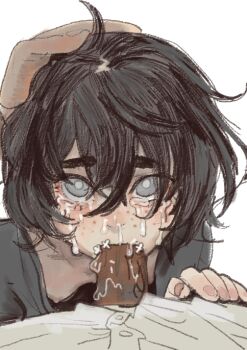 1boy 1girl age_difference black_hair black_shirt blind sophie_(popopoka) breasts crying crying_with_eyes_open erection fellatio hand_on_another's_head loli mossacannibalis nipple_slip nipples oral penis shirt short_hair small_breasts sweat sweatdrop tagme tears