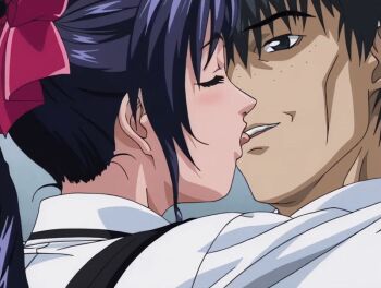 00s 1boy 1girl 2002 animated animated_gif bible_black bible_black_gaiden drill_hair drill_ponytail freckles french_kiss hair_ribbon hiratani_seiichi kiss kozono_nami mind_control ponytail purple_hair ribbon school_uniform shirt suspenders tagme tongue tongue_out white_shirt