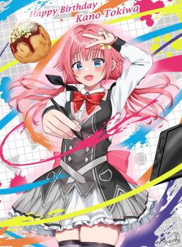 1girl :d absurdres arm_up back_bow belt black_bow black_dress black_thighhighs blue_eyes blush bow bowtie breasts buttons center_frills character_name commentary_request cowboy_shot dango diamond_button double-breasted dress eyelashes fingernails floating_hair food frilled_shirt frilled_skirt frills fudao_illust grey_belt grey_skirt hair_between_eyes hair_bow hair_intakes hamidashi_creative happy happy_birthday highres holding holding_pen huge_bow large_breasts long_hair long_sleeves looking_at_viewer low_twintails miniskirt open_mouth outstretched_arm pen pink_bow pink_hair pleated_skirt red_bow red_bowtie school_uniform shirt signature simple_background skirt sleeveless sleeveless_dress smile solo thighhighs tokiwa_kano twintails two-tone_skirt v v_over_head wagashi white_shirt white_skirt yellow_bow zettai_ryouiki