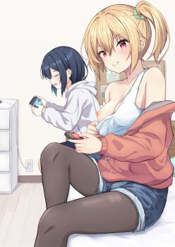 2girls absurdres black_hair black_pantyhose blonde_hair blush breasts cable closed_eyes clothes_pull collarbone commentary_request controller cutoffs denim denim_shorts disappointed double-parted_bangs electrical_outlet exhibitionism feet_out_of_frame game_controller green_scrunchie grin hair_between_eyes hair_ornament hair_scrunchie highres holding holding_controller holding_game_controller hood hoodie indoors jacket knee_up long_bangs long_sleeves looking_at_viewer medium_breasts medium_hair multiple_girls nipples no_bra off_shoulder on_bed one_breast_out open_mouth original pantyhose pantyhose_under_shorts parted_lips partially_unzipped playing_games public_indecency pulling_own_clothes raraserara red_eyes red_jacket scrunchie short_shorts shorts side_ponytail sideways_mouth sitting smile solo_focus tank_top wavy_mouth white_hoodie white_tank_top