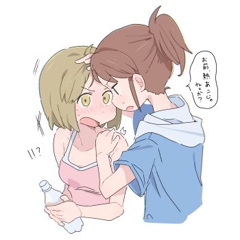 2girls blue_hoodie blush brown_eyes brown_hair city_(arawi_keiichi) commentary forehead-to-forehead hand_on_another's_shoulder heads_together highres hood hoodie multiple_girls nagumo_midori niikura_(city) open_mouth pink_tank_top ponytail simple_background speech_bubble sweat tank_top translation_request white_background wichimi yellow_eyes yuri