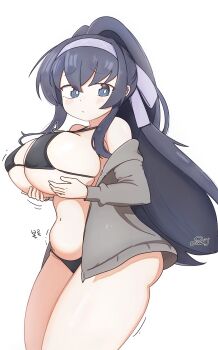 1girl alternate_breast_size_(larger) arms_under_breasts bikini black_bikini black_hair blue_archive blue_eyes blush breast_lift breasts bunyeong cardigan from_side grey_cardigan headband high_ponytail huge_breasts long_hair navel open_cardigan open_clothes plump ponytail purple_hair purple_headband solo standing swimsuit thick_thighs thighs ui_(blue_archive) ui_(swimsuit)_(blue_archive) white_background