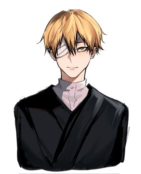 1boy bandage_over_one_eye black_hair blonde_hair closed_mouth cropped_torso ear_piercing earrings hair_between_eyes highres japanese_clothes jewelry jujutsu_kaisen long_sleeves looking_at_viewer male_focus multicolored_hair piercing short_hair simple_background solo streaked_hair two-tone_hair white_background xingkon818 yellow_eyes zen&#039;in_naoya