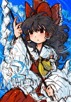 1girl ascot blue_background dade_ne detached_sleeves gohei hair_ribbon hair_tubes hakurei_reimu highres holding holding_gohei long_hair looking_to_the_side one-hour_drawing_challenge red_eyes red_ribbon ribbon solo touhou wide_sleeves yellow_ascot