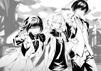 1boy 2girls black_gloves blurry blurry_background bow bowtie breasts closed_mouth commentary dress dual_persona earrings english_commentary female_rover_(perpetual_spark)_(wuthering_waves) female_rover_(wuthering_waves) fingerless_gloves game_screenshot_background gloves greyscale hair_ornament hand_in_pocket hand_up highres holding holding_tablet_pc jacket jewelry long_hair male_rover_(perpetual_spark)_(wuthering_waves) male_rover_(wuthering_waves) medium_breasts monochrome mornye_(wuthering_waves) multiple_girls necktie open_mouth pants rh_og69 rover_(wuthering_waves) screenshot_background shirt smile tablet_pc triangle_earrings twitter_username v wuthering_waves