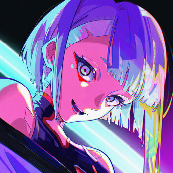 Rule 34 | 1girl, absurdres, bare shoulders, black leotard, commentary, cyberpunk: edgerunners, cyberpunk (series), cyborg, gin s, highres, jacket, leotard, looking at viewer, lucy (cyberpunk), open mouth, short hair, single sidelock, smile, solo, white hair, white jacket