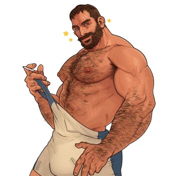 1boy abs armpit_hair armpit_hair_peek bad_tag bara bare_pectorals beard biceps borrowed_character brown_hair bulge cigarette connected_beard cowboy_shot facial_hair from_side full_beard hand_hair highres holding holding_cigarette ives_navarro large_pectorals looking_at_viewer male_focus mature_male muscular muscular_male navel_hair oc_(rnarccus) original pectorals receding_hairline seductive_smile short_hair singlet smile solo sparkle standing thick_arm_hair thick_arms thick_beard thick_chest_hair thick_eyebrows thick_navel_hair very_hairy