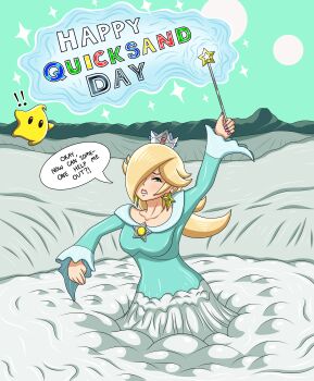 1girl absurdres blonde_hair blue_eyes breasts clenched_teeth crown earrings highres jewelry mario_(series) mud nintendo quicksabbie quicksand rosalina solo star_(symbol) star_earrings struggling stuck teeth wand