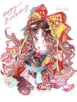 Rule 34 | 1girl, absurdres, argyle bow, artist name, bead bracelet, beads, black hair, bow, bowtie, bracelet, brown eyes, chinese commentary, commentary request, creature, crimson rhapsody (infinity nikki), cropped torso, dress, esseling (infinity nikki), eyelashes, facepaint, felispirit sack (infinity nikki), frilled sleeves, frilled wrist cuffs, frills, hair between eyes, hair bow, hair ribbon, happy birthday, highres, hime lolita, holding, holding creature, infinity nikki, jewelry, large bow, lolita fashion, long hair, luochu (aniya32098), multiple hair bows, nikki (series), pawpads, puffy short sleeves, puffy sleeves, red bow, red dress, red ribbon, red wrist cuffs, ribbon, short sleeves, simple background, two-tone bow, two-tone ribbon, variant set, very long hair, wavy hair, white background, wrist cuffs, yellow bow, yellow bowtie, yellow ribbon