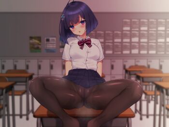 1girl arm_support arms_behind_back blue_gem blunt_bangs blunt_ends blurry blurry_background bob_cut bow bowtie breasts brown_pantyhose bulletin_board cabinet chair classroom desk dress_shirt evening feet_out_of_frame game_asset gem hair_ornament indoors looking_at_viewer medium_breasts miniskirt moyashi_shimo8 non-web_source official_art on_desk panties panties_under_pantyhose pantyhose parted_lips pleated_skirt purple_eyes purple_hair purple_skirt red_bow red_bowtie sayotsuki_shizuha school school_chair school_desk school_uniform self-datamine shadow_maiden_selenoxia shirt shirt_tucked_in short_hair sitting skirt solo spread_legs striped_bow striped_bowtie striped_clothes sweat underwear visual_novel_cg