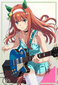 1girl amplifier animal_ears bare_shoulders blue_dress blue_eyes blunt_bangs blush breasts choker closed_mouth collarbone commentary dress ear_covers electric_guitar guitar hairband highres hime_cut holding holding_guitar holding_instrument horse_ears horse_girl horse_tail instrument kibidango_14-gou long_hair looking_at_viewer orange_hair orange_tail silence_suzuka_(umamusume) small_breasts smile solo symbol-only_commentary tail thighhighs umamusume white_hairband white_thighhighs