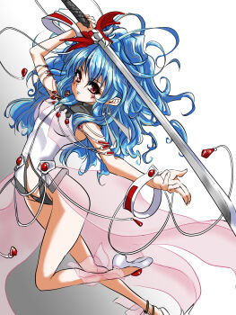 1girl absurdres alfimi bare_legs bebitan327 blue_hair blue_lips breasts curvy female_focus fingernails gradient_background hair_ornament high_ponytail highleg highres holding holding_sword holding_weapon jumping long_hair looking_at_viewer navel ponytail red_eyes revealing_clothes shiny_skin smile solo super_robot_wars sword thong very_long_hair weapon white_background wide_hips