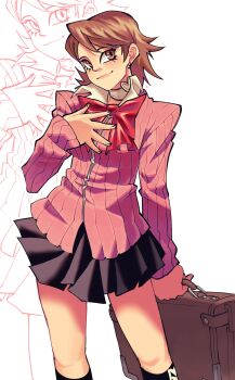 Rule 34 | 1girl, absurdres, bag, black skirt, black socks, blush, bow, brown bag, brown eyes, brown hair, capsule (capsulecomputrz), cardigan, choker, closed mouth, collared shirt, earrings, gekkoukan high school uniform, hand on own chest, heart, heart choker, highres, holding, holding bag, jewelry, kneehighs, long eyelashes, long sleeves, looking to the side, persona, persona 3, pink cardigan, projected inset, red bow, school bag, school uniform, shirt, short hair, simple background, skirt, smile, socks, solo, stud earrings, takeba yukari, white background, white choker, white shirt