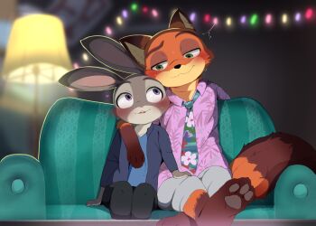 1boy 1girl animal_ears blurry blurry_background commentary_request couch dagasi fox_boy fox_ears fox_tail furry furry_female furry_male green_eyes highres judy_hopps lamp looking_at_another nick_wilde on_couch purple_eyes rabbit_ears rabbit_girl rabbit_tail tail zootopia
