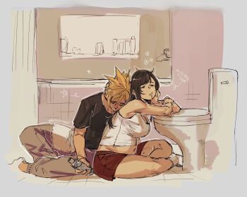 Rule 34 | 1boy, 1girl, bathroom, black shirt, breasts, brown pants, closed eyes, cloud strife, commentary, couple, drooling, english commentary, final fantasy, final fantasy vii, from side, highres, indoors, large breasts, leaning on person, leaning to the side, long hair, midriff peek, mouth drool, no shoes, nose bubble, on ground, pants, pregnant, red shorts, shirt, short hair, short shorts, shorts, sitting, sleeping, sleeping on person, sleeping upright, slice of life, socks, strawderryst, sweatpants, t-shirt, tank top, tifa lockhart, toilet, white socks, white tank top