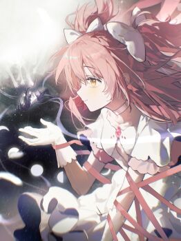 2girls absurdres akemi_homura akemi_homura_(magical_girl) bow chinese_commentary choker commentary_request dress floating from_side geezhii giant giantess gloves hair_bow hand_up highres kaname_madoka long_hair looking_at_another mahou_shoujo_madoka_magica mahou_shoujo_madoka_magica_(anime) multiple_girls pink_hair pink_ribbon ribbon size_difference sky smile star_(sky) starry_sky two_side_up ultimate_madoka white_choker white_dress white_gloves yellow_eyes