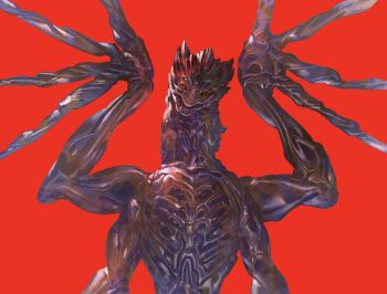 Rule 34 | commentary request, high contrast, looking at viewer, monster hunter: world, monster hunter (series), monster hunter world: iceborne, no humans, open mouth, red background, shara ishvalda, shiratsuyu mone, simple background, solo, wings, yellow eyes