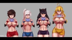 4girls aestheticc-meme ahoge alternate_breast_size animal_ears animated audible_speech bare_shoulders blake_belladonna blonde_hair blouse blue_eyes bow breasts cat_ears cinderdryadva cleavage detached_sleeves english_audio english_text gradient_hair grey_eyes grin hair_bow imjustthatkinky large_breasts long_hair looking_at_viewer mac_star_(voice_actor) macstarva midriff multicolored_hair multiple_girls music nipples open_mouth ponytail purple_eyes red_hair ribbon ruby_rose rubyredva rwby scar scar_across_eye scar_on_face shirt short_hair short_sleeves shorts side_ponytail sleeveless sleeveless_shirt slideshow_animation smile sound succubaeva tape_measure thick_thighs thighs third-party_edit two-tone_hair vambraces video wavy_hair weiss_schnee white_hair yang_xiao_long yellow_eyes yellow_shirt