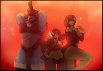 Rule 34 | 3girls, abs, arm behind back, ass, assault rifle, axe, bare shoulders, battle axe, black border, black choker, black dress, black gloves, black hair, black jacket, black nails, black sleeves, black tank top, blue skin, boots, border, breasts, brown hair, brown tube top, choker, cleavage, cleavage cutout, closed mouth, clothing cutout, colored skin, commentary, cowboy shot, crystal necklace, demon girl, demon horns, dress, earrings, elbow gloves, english commentary, feet out of frame, female goblin, female orc, from side, fur-trimmed boots, fur-trimmed crop top, fur-trimmed dress, fur-trimmed sleeves, fur trim, gloves, glowing, glowing eyes, goblin, green skin, grey horns, grey pants, gun, hair over one eye, hand on own hip, hands up, hedon bloodrite, hell, highres, holding, holding axe, holding behind back, holding weapon behind back, horns, jacket, jewelry, knee up, large breasts, light particles, lighting cigar, lips, long hair, long sleeves, looking at viewer, medium breasts, midriff, multiple girls, multiple scars, muscular, muscular female, navel, nose, open clothes, open fly, open jacket, orc, pants, pelvic curtain, pointy ears, red eyes, red hair, red theme, rifle, scar, scar on stomach, scar on thighs, second-party source, shaded face, short hair, smoking, sparkle, sparkling aura, spiked choker, spiked horns, spikes, standing, strapless, tank top, thick thighs, thigh boots, thighs, tube top, weapon, yui (rainbow), zan (hedon)