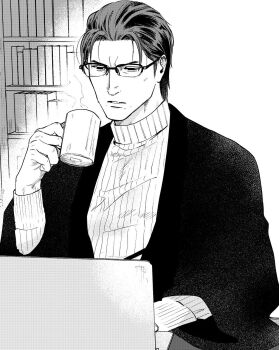 1boy aged_up alternate_hairstyle alternate_universe bespectacled commentary_request computer cup glasses haori highres holding holding_cup japanese_clothes laptop mature_male mine_yoshitaka monochrome mug parted_bangs ryuu_ga_gotoku_(series) ryuu_ga_gotoku_8 solo sweater turtleneck turtleneck_sweater tyag53