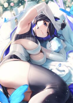 1girl arm_up armpits ass black_gloves black_shirt black_skirt black_thighhighs blue_bow blue_cape blue_eyes blue_hair boros_(ouro_kronii) bow breasts bug butterfly cape cleavage cleavage_cutout clothing_cutout commentary cropped_shirt detached_sleeves english_commentary gloves hair_flaps hair_intakes highres hololive hololive_english insect jewelry kronie_(ouro_kronii) large_breasts long_sleeves looking_at_viewer lying miniskirt on_side ouro_kronii ouro_kronii_(1st_costume) padoruu parted_lips pinstripe_pattern pinstripe_shirt pinstripe_skirt sailor_collar shirt skirt solo swept_bangs teeth thighhighs underboob veil vest virtual_youtuber white_sailor_collar white_sleeves white_veil white_vest