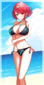 1girl absurdres adapted_costume bikini black_bikini breasts chest_jewel cleavage earrings halterneck highres jewelry large_breasts navel o-ring o-ring_bikini o-ring_bottom pyra_(pro_swimmer)_(xenoblade) pyra_(xenoblade) red_eyes red_hair short_hair solo swept_bangs swimsuit taro_(peach_taro51) tiara xenoblade_chronicles_(series) xenoblade_chronicles_2