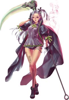1girl anabelle_(crystal_maidens) artist_request bad_source bare_legs black_gloves breasts cape crystal_maiden_(series) flower_tattoo forehead full_body game_cg gloves green_ribbon grey_hair hand_on_own_head highres holding holding_scythe leg_tattoo long_hair official_art pink_eyes purple_lips ribbon scythe side_ponytail solo tattoo third-party_source transparent_background variant_set weapon
