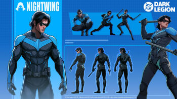 1boy batman_(series) black_bodysuit black_hair blue_bodysuit bodysuit boots character_name concept_art dc:_dark_legion dc_comics dick_grayson domino_mask escrima_sticks eye_mask full_body gloves grey_bodysuit highres male_focus mask multicolored_bodysuit multiple_views muscular muscular_male nightwing official_art pectorals reference_sheet simple_background standing superhero_costume taut_bodysuit turnaround two-tone_bodysuit
