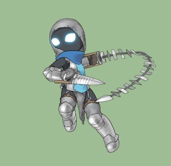 Rule 34 | 1girl, armor, armored boots, black skin, blue eyes, blue scarf, boots, breastplate, breasts, buckle, chain, chainmail, clenched hands, colored skin, female focus, full body, garter belt, gloves, glowing, glowing eyes, greaves, green background, leg armor, no mouth, o-ring, original, scarf, simple background, small breasts, solo, standing, thighhighs, tosx, vambraces, whip, zettai ryouiki