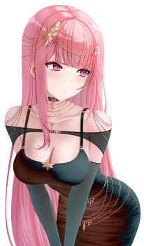 Rule 34 | absurdres, bare shoulders, belly chain, black choker, black dress, breasts, choker, cleavage, commentary, dress, ear piercing, eruthu, frown, hair ornament, highres, honey churros, jewelry, large breasts, leaning forward, light blush, long hair, long sleeves, looking to the side, necklace, piercing, pink eyes, pink hair, project [i], taut clothes, taut dress, untranslatable commentary, white background