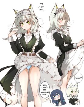 2girls animal_ear_fluff animal_ears apron arknights arya_melati black_dress blue_panties cat_ears cat_girl clothes_lift doctor_(arknights) dress english_text female_doctor_(arknights) frilled_apron frilled_dress frills green_eyes highres kal&#039;tsit_(arknights) kal&#039;tsit_(the_remains_of_time)_(arknights) lifting_own_clothes maid_apron maid_headdress medium_hair multiple_girls multiple_views official_alternate_costume panties simple_background skirt skirt_lift speech_bubble underwear white_apron white_background white_hair white_headdress